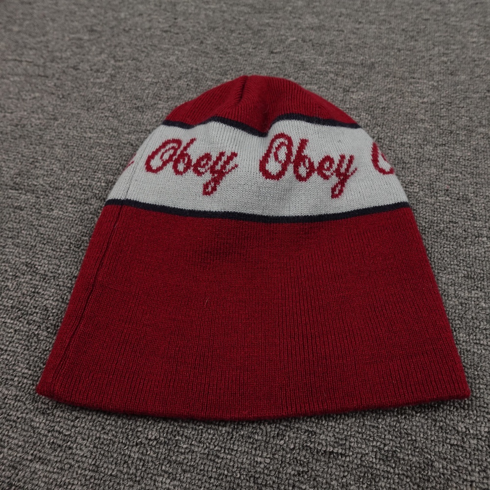 Obey Hat Beanie Fitted Mens One Size Red Striped Knit Logo Winter Casual